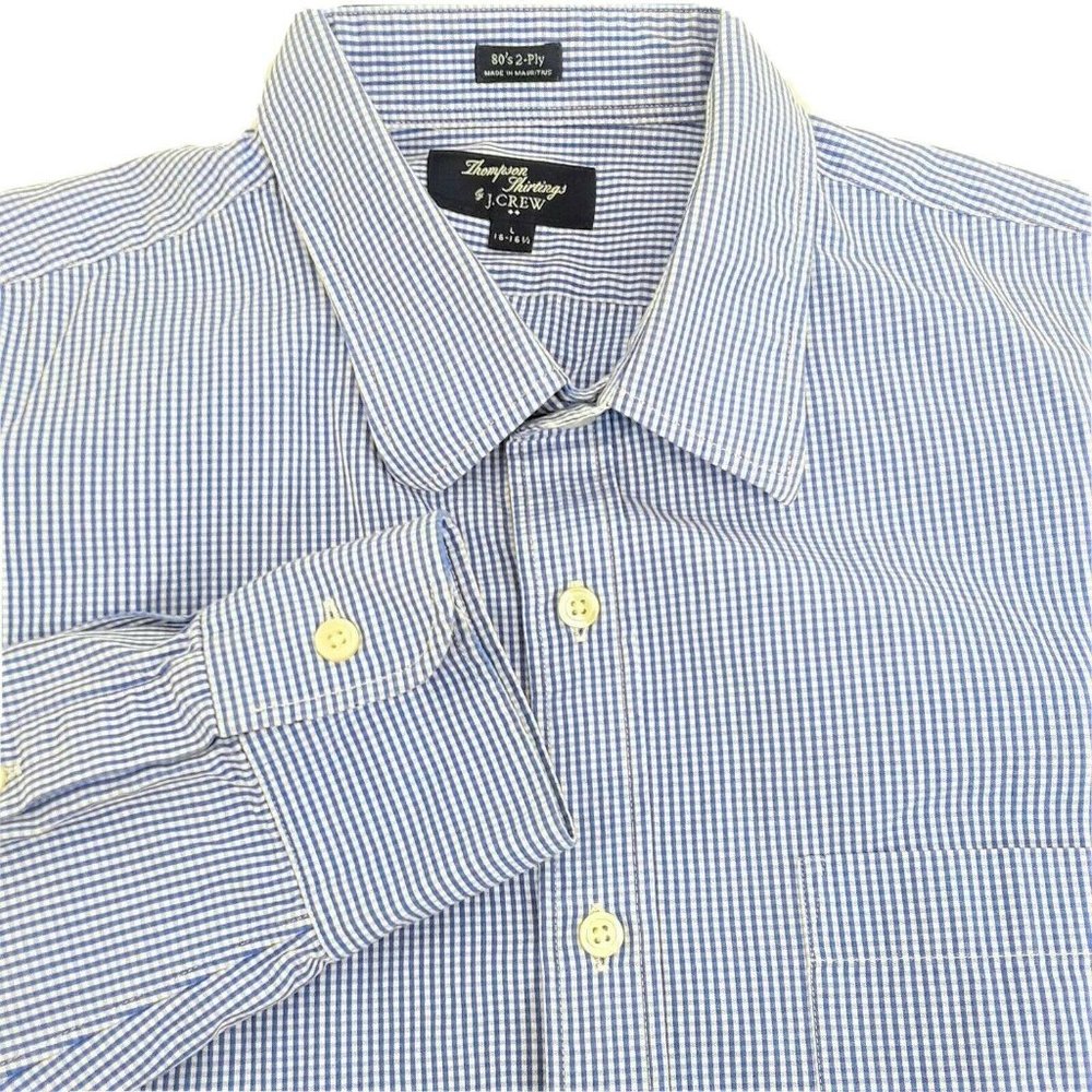 Thompson by J. Crew Shirt Mens Large Blue White Gingham 80's 2 ply Long Sleeve